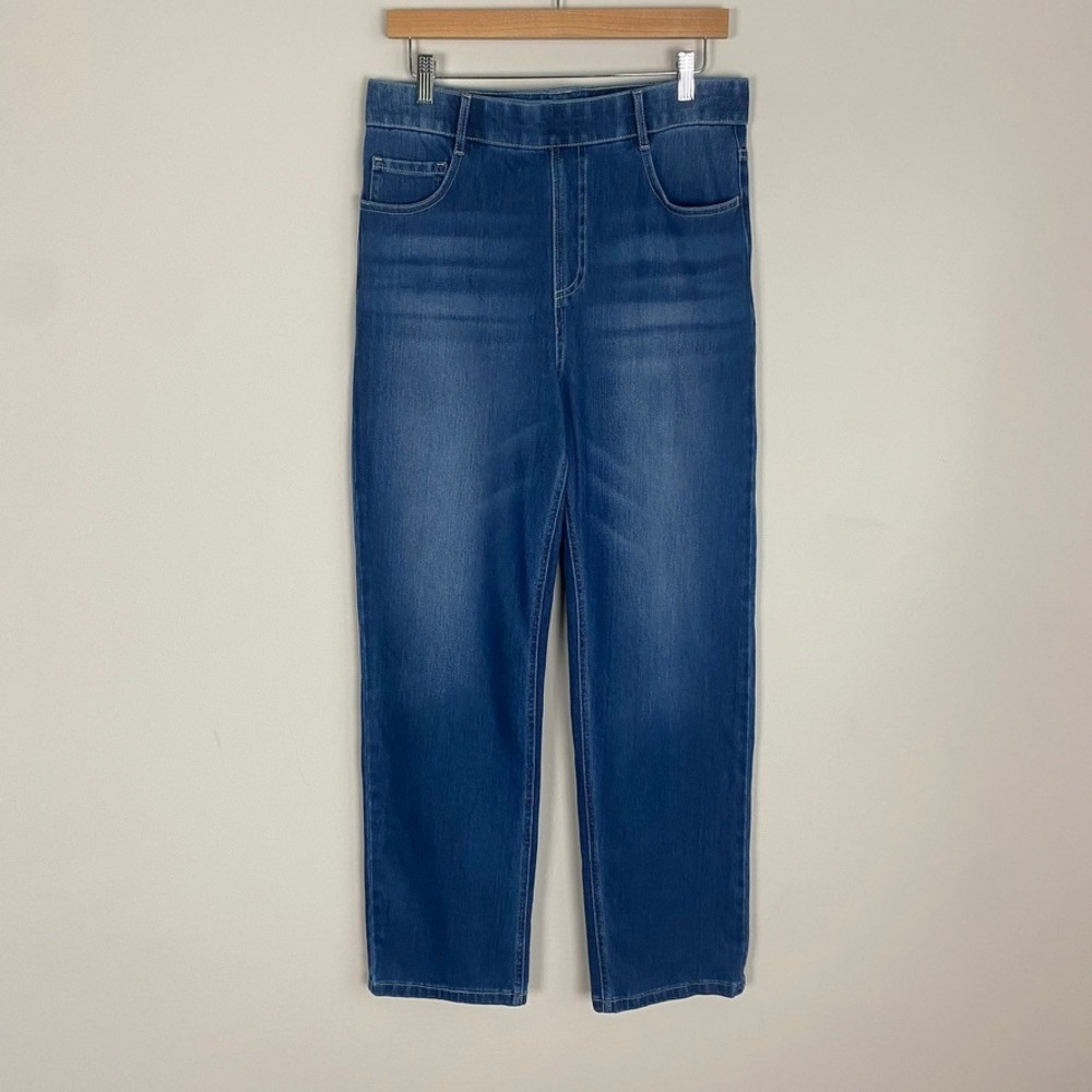 Halara High Waisted Pull On Denim Pants Jeans Large Straight Leg Stretch Blue - Picture 1 of 6